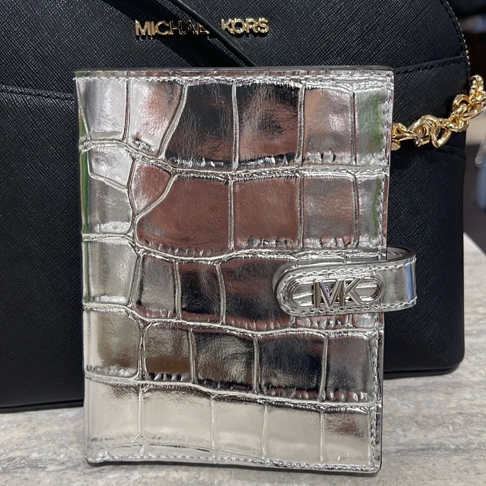 Michael Kors Empire Metallic Crocodile Embossed Leather Passport Wallet Silver
